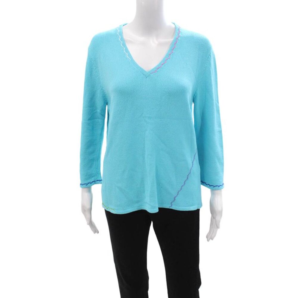 Ball Of Cotton Unisex Pullover Sweater Light Blue V Neck Long Sleeve 90s Size L